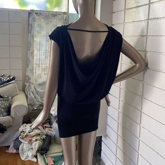All Saints black viscose body con cowl back mini w/side boob. - Picture 2 of 11